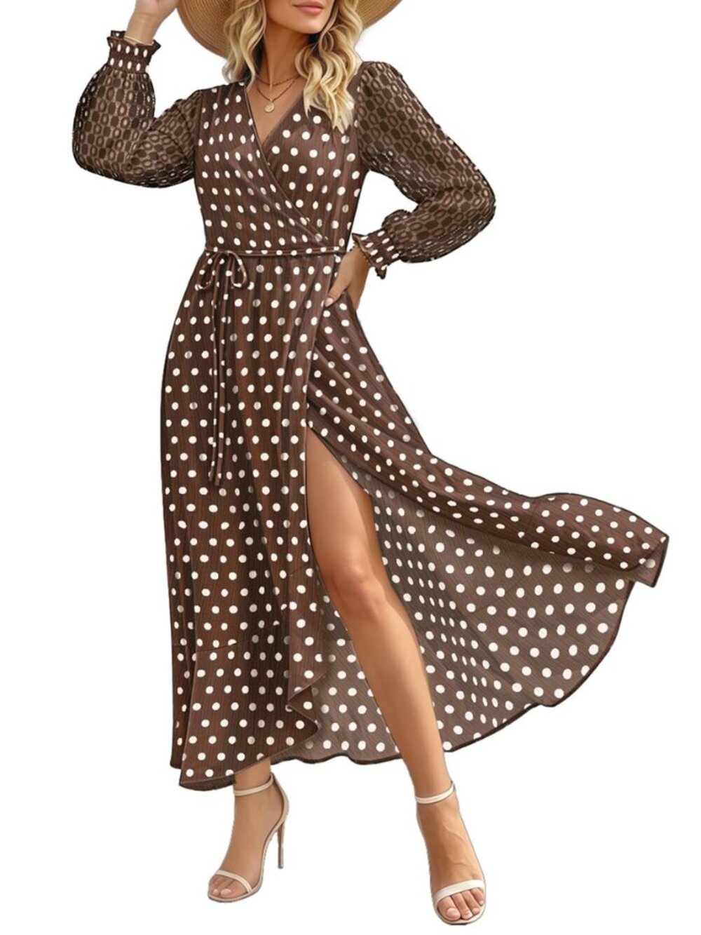Women's Fall Lace Long Sleeve Boho Polka Dot Maxi Wrap Dresses EPR